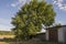 Garages for cars and green trees. Suburb. Summer