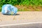 A garbage bag in a plastic bag lies on the side of the road