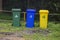 Garbage bin in public park.colorful trash bin. wheelie bin for rubbish,Public trash background