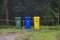 Garbage bin in public park.colorful trash bin. wheelie bin for rubbish,Public trash background