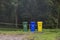 Garbage bin in public park.colorful trash bin. wheelie bin for rubbish,Public trash background
