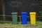 Garbage bin in public park.colorful trash bin. wheelie bin for rubbish,Public trash background