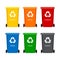 Garbage bin with recycle icon for trash. Container dustbin for paper, plastic, glass, organic, e-waste in flat style.Set of
