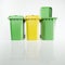 Garbage bins with open lid on isolated white background, 3d render illustration. Sorting trash or litter, recycling concept, clean