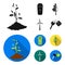 A garbage can, a diseased tree, a wind turbine, a key to a bio car.Bio and ecology set collection icons in black, flat