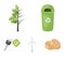 A garbage can, a diseased tree, a wind turbine, a key to a bio car.Bio and ecology set collection icons in cartoon style