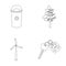 A garbage can, a diseased tree, a wind turbine, a key to a bio car.Bio and ecology set collection icons in outline style