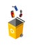 Garbage can for sorting. Recycling elements. Colored waste bin with metal trash. Separation of waste on garbage can