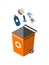 Garbage can for sorting. Recycling elements. Colored waste bin with organic trash. Separation of waste on garbage can