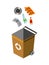 Garbage can for sorting. Recycling elements. Colored waste bin with plastic trash. Separation of waste on garbage can