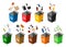 Garbage cans for sorting. Recycling elements. Many garbage cans with sorted garbage. Colored waste bins with trash