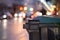 Garbage cans and street lights in urban city, evening