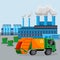 Garbage car on smoking factory industry chimneys background vector illustration. Waste sorting containers. Environmental