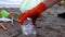 Garbage collection on the beach. Plastic and packages scattered on the beach. A man collects plastic. Ecology protection concept