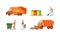 Garbage Collection Set, Orange Garbage Trucks and Scavengers Workers Cleaning Trash Cartoon Vector Illustration