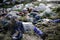 Garbage and construction debris scattered all around an empty lot in Bucharest, near a makeshift shelter