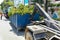 Garbage container latch with truck full of garden refuse woods