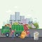 Garbage container vector illustration in modern style. Trash can set with rubbish. Truck with cleaner and scavenger