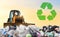 Garbage dump with plastic bags and food waste. Recycling of construction waste on junk yard. Refuse collection. Bulldozer dispose