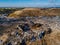 Garbage dump and working dump truck and bulldozer, aerial view