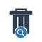 Garbage icon, Tools and utensils icon with research sign. Garbage icon and explore, find, inspect symbol