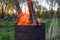 garbage incineration in rusty metal barrel. burning branches and old grass from the land plot in a barrel. spring cleaning of the