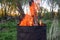 Garbage incineration in rusty metal barrel. burning branches and old grass from the land plot in a barrel. spring cleaning of the