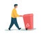 Garbage man. Cartoon male carrying trash can. Person walking with plastic container for litter. Character collecting