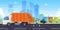 Garbage man loads bins of sortet waste in truck, city background, flat vector illustration.