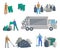 Garbage men set. Garbage truck, bags, cans, bins, containers and pile of trash. Isolated objects on white background. Garbage recy