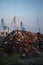 Garbage pile in trash dump or junkyard, metal crane garbage consumption junkyard scarp, Global warming, Ecosystem and