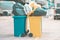 Garbage plastic bags black waste, pollution, lots junk dump, recycle green yellow bin