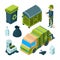 Garbage recycling isometric. City cleaning service truck urban incinerator utility bin with waste vector 3d collection