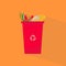 Garbage reuse. Trashbin with organic waste on orange background, creative illustration