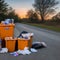 garbage road sunset 8k hyper-realistic Sony 50mm 1.4 --ar. (AI)