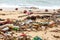 Garbage on sea beach, dirty ocean water, environmental pollution, ecology, waste, rubbish, plastic, trash, refuse, litter