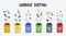 Garbage sorting concept. Trash cans with different types of garbage. Colorful hand drawn doodle illustration.