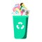 Garbage in trash bin. Household waste. Paper, plastic, glass and other rubbish. Isolated vector clip art