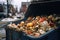 Garbage in a trash can. Garbage in the city. A gritty urban image of food waste in an abandoned Dumpster, AI Generated