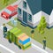 Garbage truck. Cleaning service removing trash from city street waste recycling concept vector isometric background