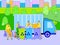 Garbage truck collecting trash in city, people sorting waste for recycling, vector illustration