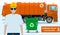 Garbage truck collection. Detailed illustration of garbage man, orange truck and dumpster on white background in flat