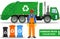 Garbage truck collection. Detailed illustration of garbageman, truck and different types of dumpsters on white