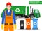 Garbage truck collection. Detailed illustration of garbageman, truck and different types of dumpsters on white background in flat