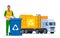 Garbage truck and sanitation worker. Garbage man in uniform with trash bin and recycling symbol on it. Garbage sorting. Zero waste