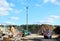 Garbage truck unloads construction waste from container at the landfill. Industrial waste treatment processing plant. Recycling