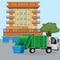 Garbage truck van car dustcart collections trash and dumpsters cans near city dwelling house vector illustration. Waste