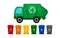 Garbage truck and various types of trash bin isolated on white background, recycle truck waste and bins multi colors, garbage