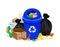 Garbage waste and bag plastic at blue recycle bin isolated on white, pile plastic garbage waste many, plastic waste dump and bin