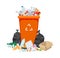 Garbage waste. Closeup dustbin, dirty garbage in container. Cartoon full rubbish bin. Isolated organic and plastic